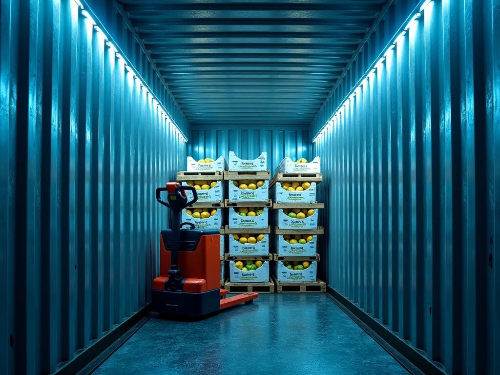 Ventilated mangosteen cartons loaded into a refrigerated reefer container for export