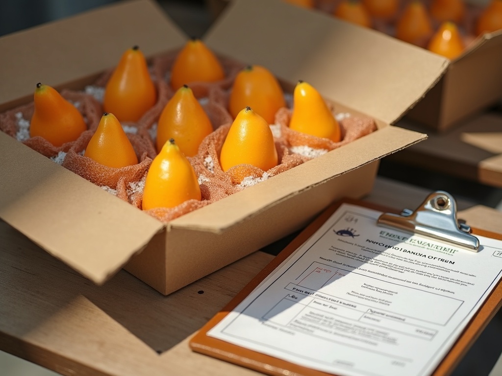 Export carton of foam-netted mangosteen beside inspection paperwork on a packhouse bench