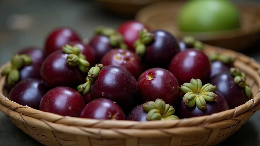 Freshly harvested whole purple Indonesian mangosteen with green stems in a bamboo basket at a packhouse